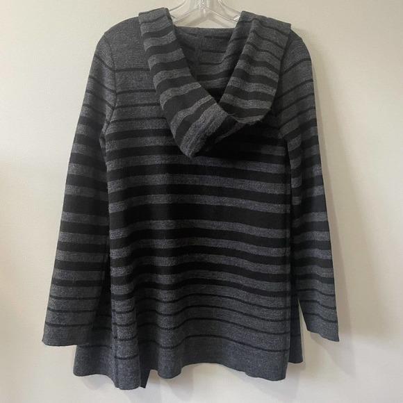 Max Studio Hooded Cardigan Sweater Women's Medium Black Grey Striped Merino Wool - Picture 4 of 5